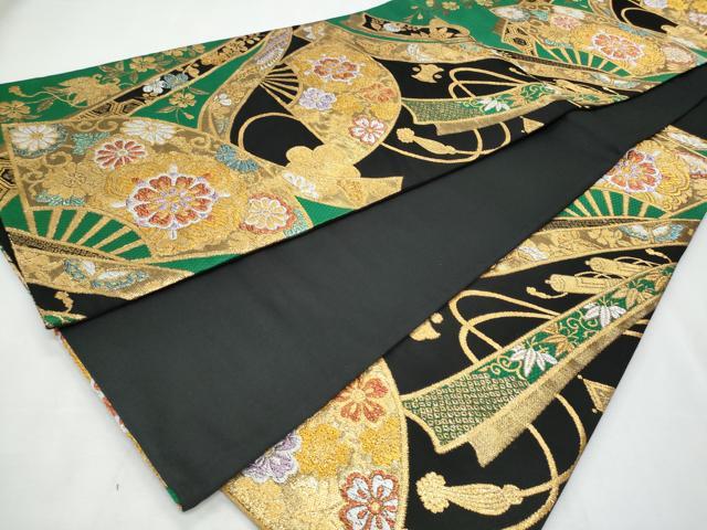 平和屋着物◎六通柄袋帯 扇面正倉院花文 黒地 金糸 正絹 逸品 CABF7099fb