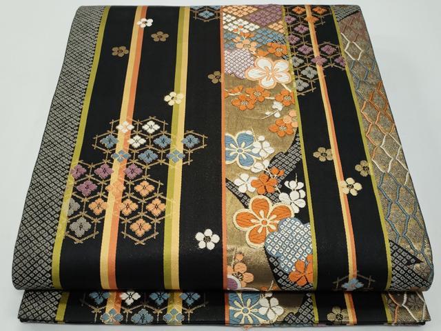 平和屋着物＊夏物　六通柄　本袋帯　唐織　桔梗　黒地　金糸　正絹　逸品　未使用　BAAV7115yc 平和屋着物◎六通柄袋帯 唐織 花唐草文 金糸 正絹 逸品 BAAX4761qwの