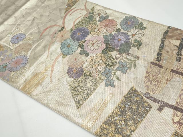 平和屋着物◎太鼓柄袋帯 螺鈿箔 枝花文 金彩 正絹 逸品 CABF7190fb