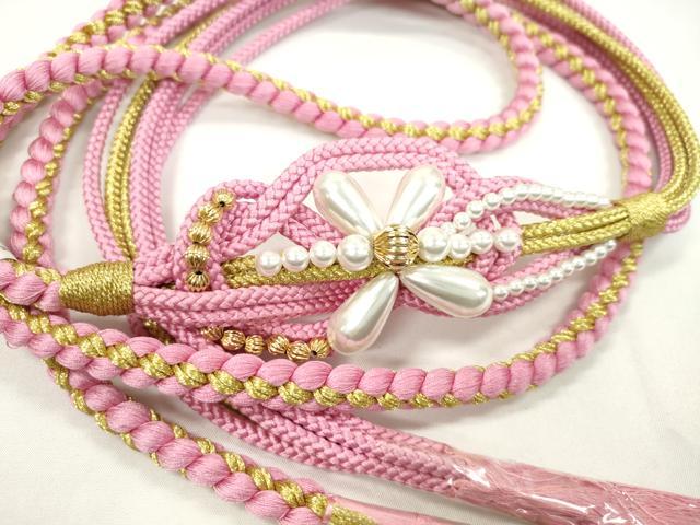 平和屋着物●和装小物 振袖用帯締め 飾り付き パール ピンク 金糸 切り房 逸品 未使用 CABF7216ju