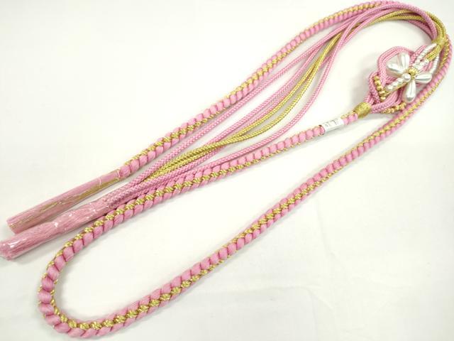 平和屋着物●和装小物 振袖用帯締め 飾り付き パール ピンク 金糸 切り房 逸品 未使用 CABF7216ju
