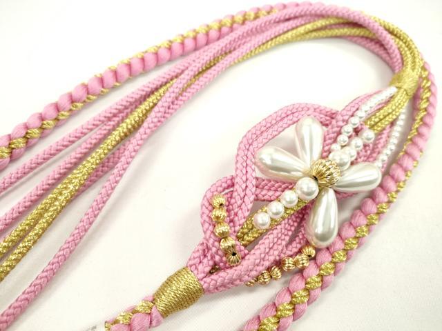 平和屋着物●和装小物 振袖用帯締め 飾り付き パール ピンク 金糸 切り房 逸品 未使用 CABF7216ju