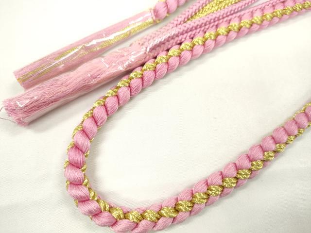 平和屋着物●和装小物 振袖用帯締め 飾り付き パール ピンク 金糸 切り房 逸品 未使用 CABF7216ju