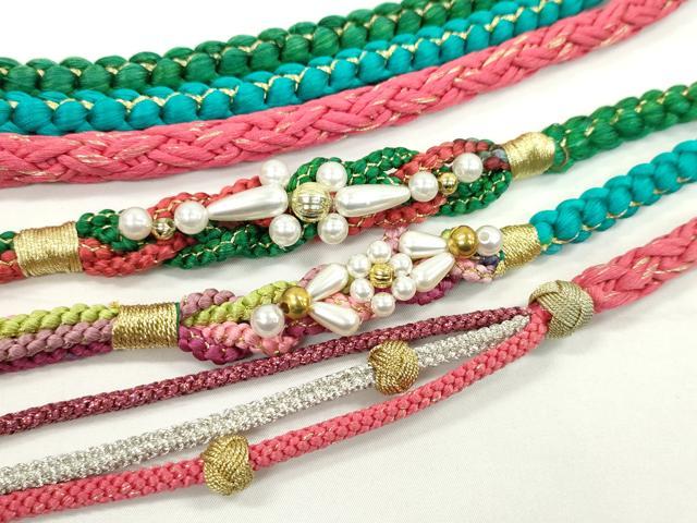 平和屋着物▼和装小物 帯締め3本セット 振袖用 飾り付き パール 花 ターコイズブルー 真朱色 千歳緑 金銀糸 逸品 CABF7589ju