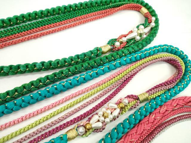 平和屋着物▼和装小物 帯締め3本セット 振袖用 飾り付き パール 花 ターコイズブルー 真朱色 千歳緑 金銀糸 逸品 CABF7589ju