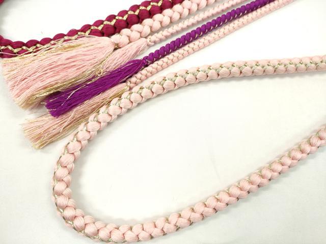 平和屋着物▼和装小物 帯締め3本セット 振袖用 飾り付き パール 花 濃紅 虹色 躑躅色 金銀糸 逸品 CABF7590ju