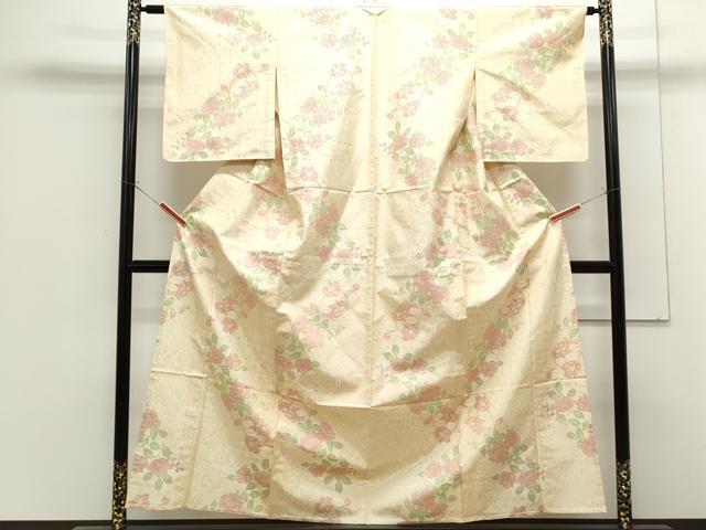 平和屋着物▽上質な紬 単衣 藍波島 草花文 証紙付き 正絹 逸品 CABF7695th