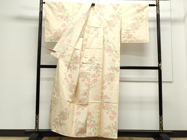 平和屋着物▽上質な紬 単衣 藍波島 草花文 証紙付き 正絹 逸品 CABF7695th