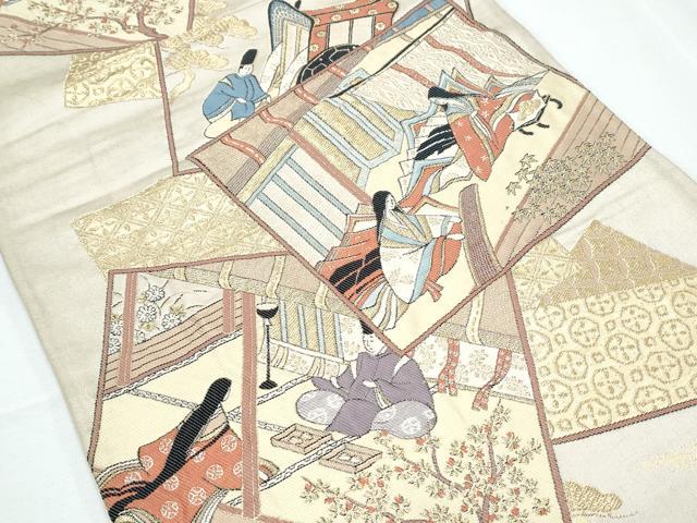 平和屋着物◎六通柄袋帯 色紙重ね人物文 金糸 正絹 逸品 CABF7851th