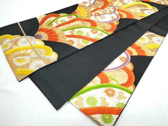 平和屋着物◎六通柄袋帯 唐織 吉祥花文 黒地 金糸 正絹 逸品 CABF7877th