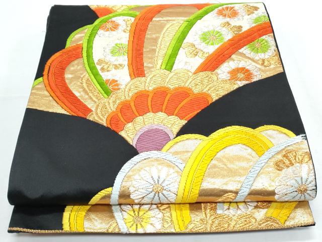 平和屋着物◎六通柄袋帯 唐織 吉祥花文 黒地 金糸 正絹 逸品 CABF7877th
