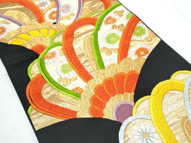 平和屋着物◎六通柄袋帯 唐織 吉祥花文 黒地 金糸 正絹 逸品 CABF7877th
