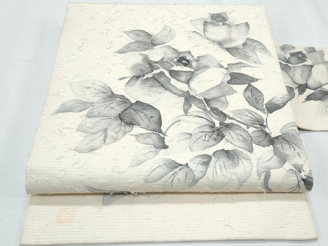 平和屋着物◎九寸名古屋帯 髭紬 作家物 手描き 薔薇 正絹 逸品 CABF7886th