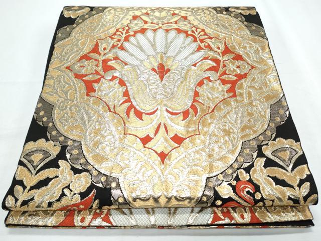 平和屋着物◎六通柄袋帯 吉祥花文 黒地 金糸 三越扱い 正絹 逸品 CABF7904th