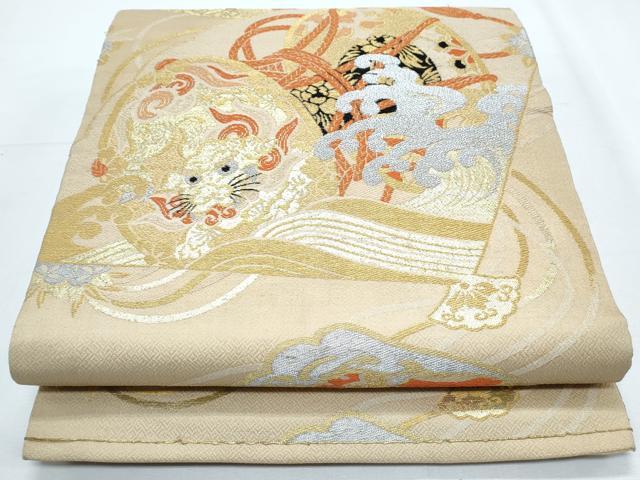 平和屋着物◎アンティーク 大正ロマン 丸帯 唐獅子 扇面鼓文 金銀糸 正絹 逸品 CABF7912th