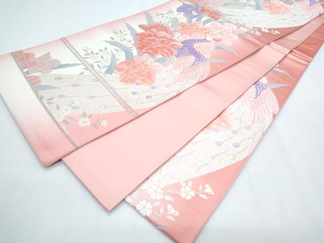 平和屋着物◎六通柄袋帯 唐織 孔雀花文 銀糸 正絹 逸品 CABF7953th
