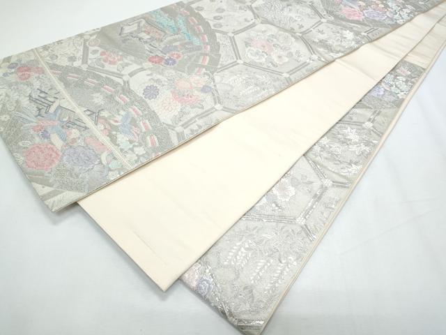 平和屋着物◎六通柄袋帯 唐織 亀甲桧扇花鳥文 九百錦 プラチナ箔 正絹 逸品 CABF7962th