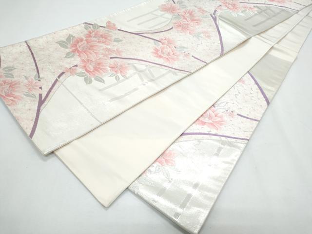 平和屋着物◎六通柄袋帯 草花文 銀糸 正絹 逸品 CABF7997th