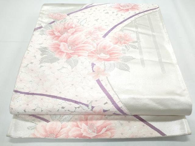 平和屋着物◎六通柄袋帯 草花文 銀糸 正絹 逸品 CABF7997th