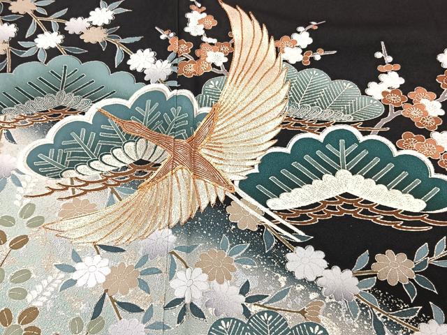 平和屋着物■豪華黒留袖 駒刺繍 束ね飛鶴松梅花文 暈し染め 金彩 正絹 逸品 CABF8063xi