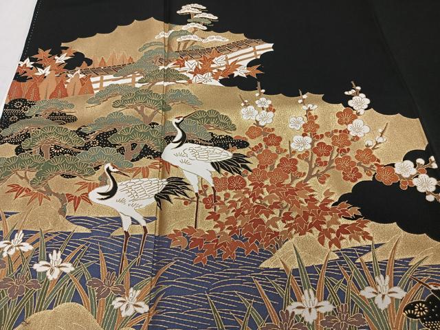 平和屋着物■豪華黒留袖 鶴風景松梅花文 金彩 正絹 逸品 CABF8077xi