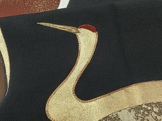 平和屋着物■豪華黒留袖 駒刺繍 群鶴 金彩 正絹 逸品 CABF8086xi