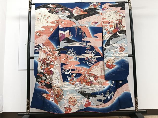 平和屋着物●豪華振袖　型染め　御所解花鳥文　正絹　逸品　CABC6913yc 平和屋着物□豪華振袖 駒刺繍 御所車飛鳥花文 松竹梅 暈し染め