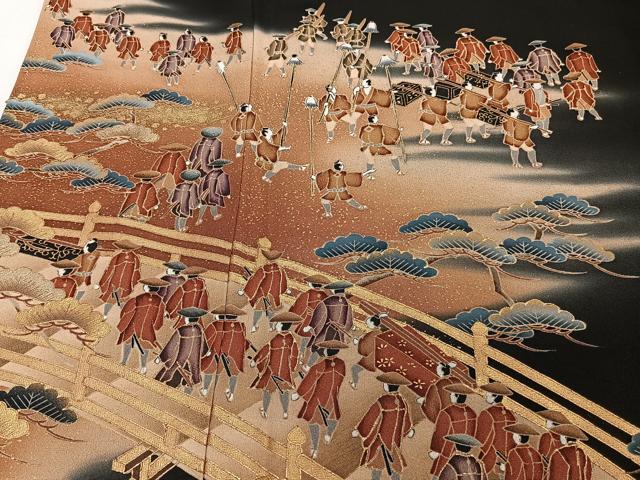 平和屋着物■豪華黒留袖 作家物 駒刺繍 渡橋人物松文 暈し染め 金彩 正絹 逸品 CABF8155xi