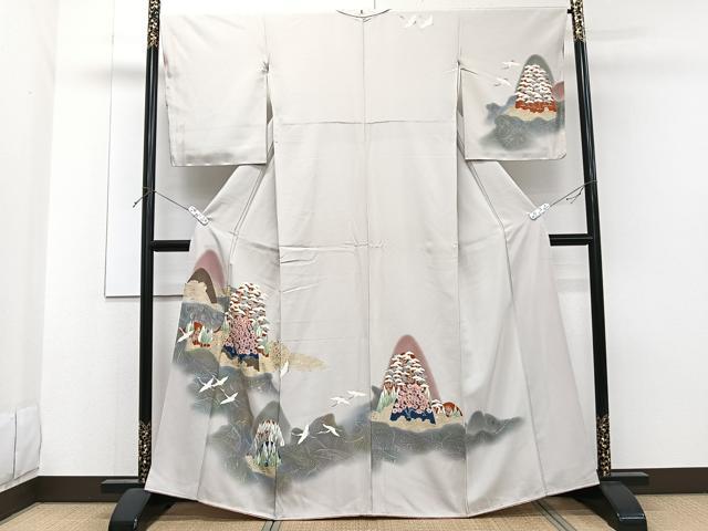 平和屋着物▽訪問着　単衣　立波飛鶴文　金彩　洗える着物　AABA7912jh 平和屋着物□訪問着 立波飛鶴風景文 暈し染め 金銀彩