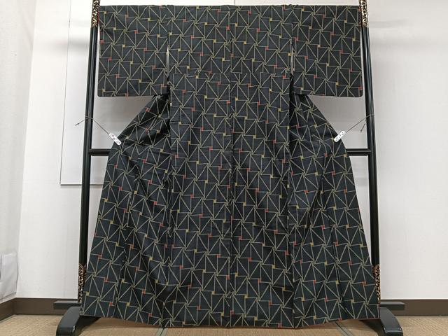 平和屋着物■上質な紬 幾何学文 黒地 正絹 逸品 CABF8206xi