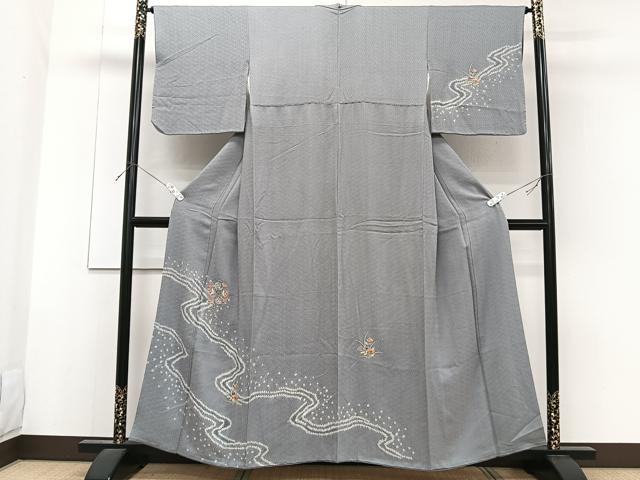 平和屋着物■訪問着 絞り スワトウ刺繍 流水草花文 正絹 逸品 CABF8215xi