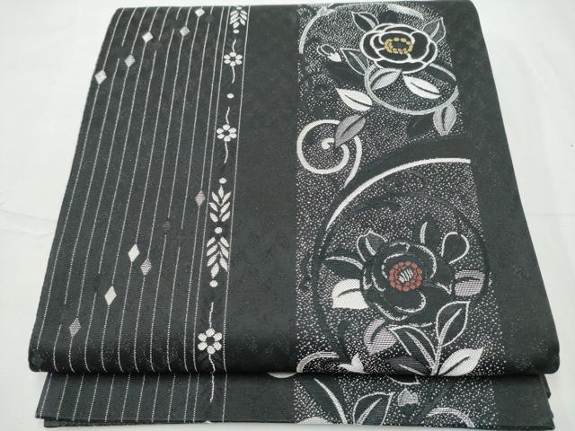 平和屋着物●両面 全通柄袋帯 花唐草文 黒地 銀通し地 正絹 逸品 CABF8618hy
