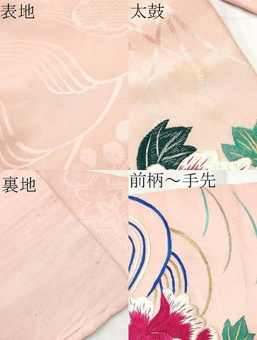 平和屋着物●アンティーク 大正ロマン 九寸名古屋帯 総手刺繍 流水花文 金糸 正絹 逸品 CABF8648hy