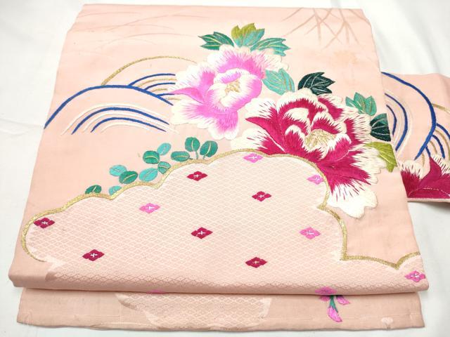 平和屋着物●アンティーク 大正ロマン 九寸名古屋帯 総手刺繍 流水花文 金糸 正絹 逸品 CABF8648hy