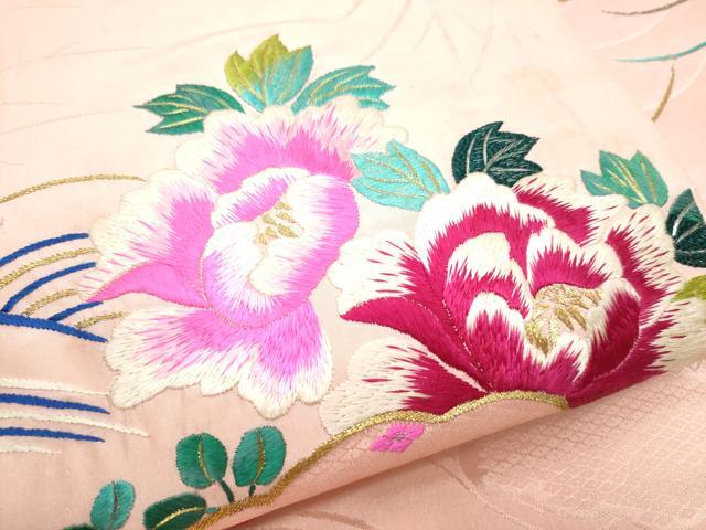 平和屋着物●アンティーク 大正ロマン 九寸名古屋帯 総手刺繍 流水花文 金糸 正絹 逸品 CABF8648hy