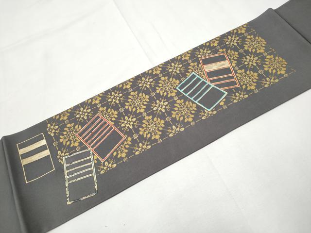 平和屋着物●塩瀬 九寸名古屋帯 幾何学花文 金彩 正絹 逸品 CABF8653hy