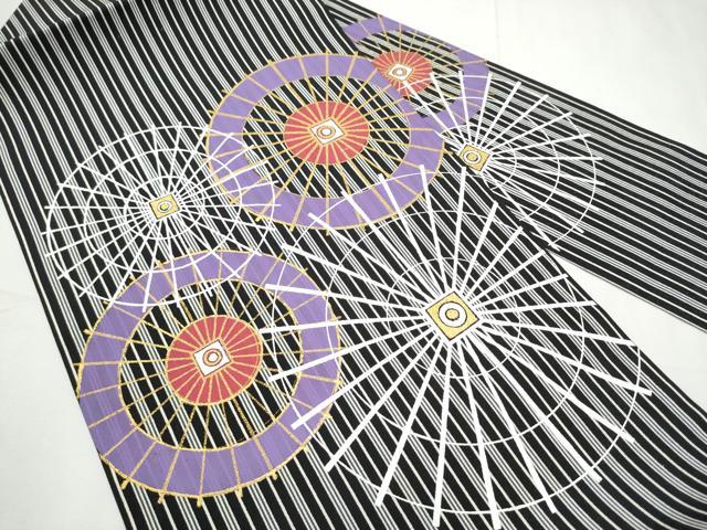 平和屋着物●九寸名古屋帯 幾何学文様 黒地 金彩 正絹 逸品 CABF8654hy