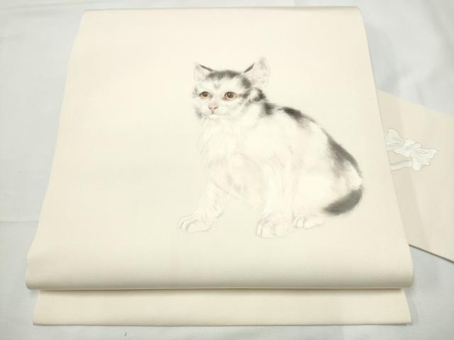 平和屋着物●塩瀬 九寸名古屋帯 作家物 手描き 猫 鈴乃屋扱い 正絹 逸品 CABF8656hy