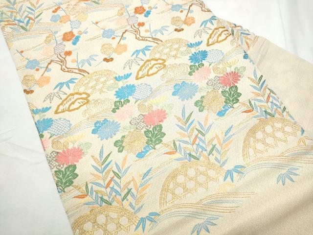 平和屋着物●西陣 九寸名古屋帯 唐織 籬草花文 金糸 証紙付き 正絹 逸品 CABF8658hy