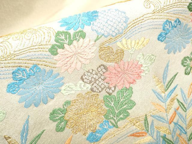 平和屋着物●西陣 九寸名古屋帯 唐織 籬草花文 金糸 証紙付き 正絹 逸品 CABF8658hy