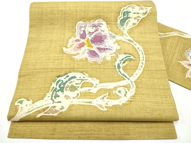 平和屋着物●九寸名古屋帯 紬地 ろうけつ染 花唐草文 正絹 逸品 CABF8670hy
