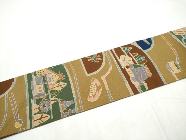 平和屋着物●全通柄 九寸名古屋帯 型染め 風景文 金彩 正絹 逸品 CABF8689hy
