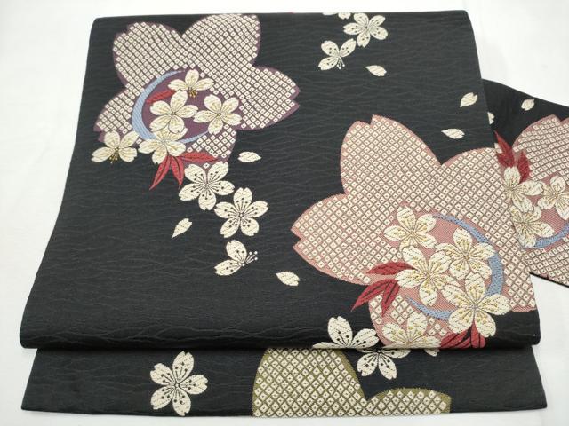 平和屋着物●九寸名古屋帯 唐織 舞桜文 黒地 正絹 逸品 CABF8690hy