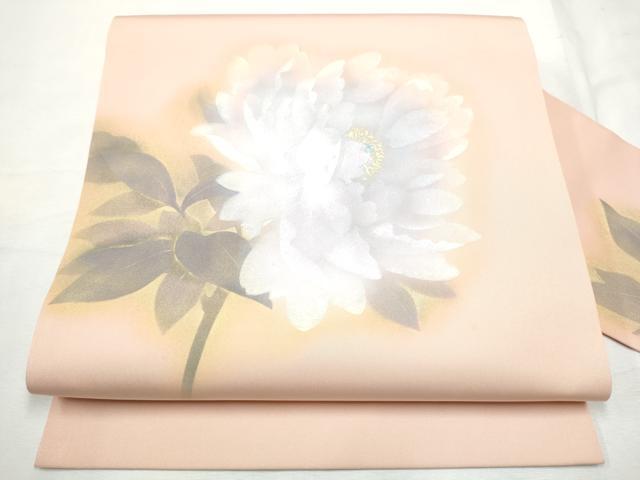 平和屋着物●塩瀬 九寸名古屋帯 作家物 手描き 枝牡丹 金彩 正絹 逸品 CABF8694hy