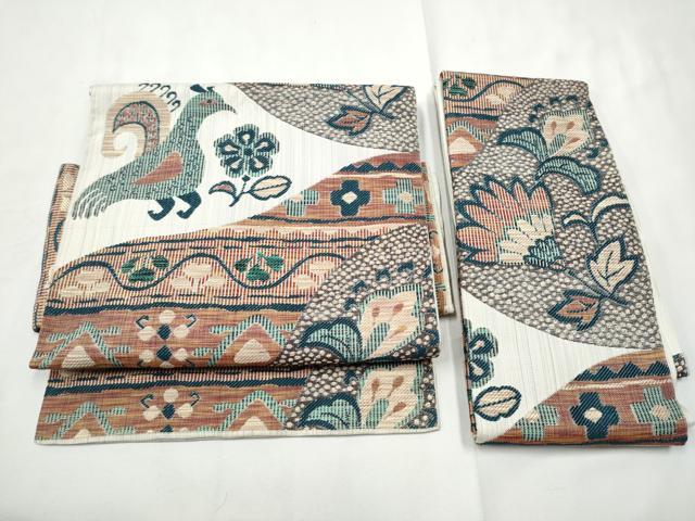 平和屋着物●つけ帯 紬地 孔雀花文 正絹 逸品 CABF8710hy
