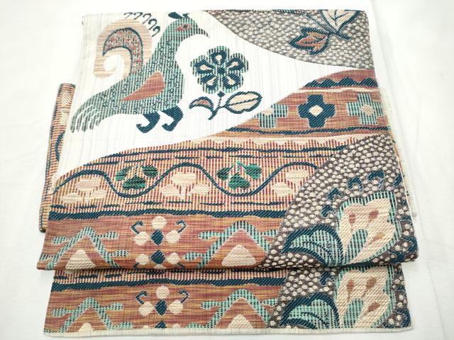 平和屋着物●つけ帯 紬地 孔雀花文 正絹 逸品 CABF8710hy