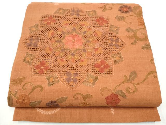 平和屋着物●中国三大刺繍 スワトウ相良刺繍 六通柄袋帯 紬地 絞り 花唐草文 正絹 逸品 CABF8720hy