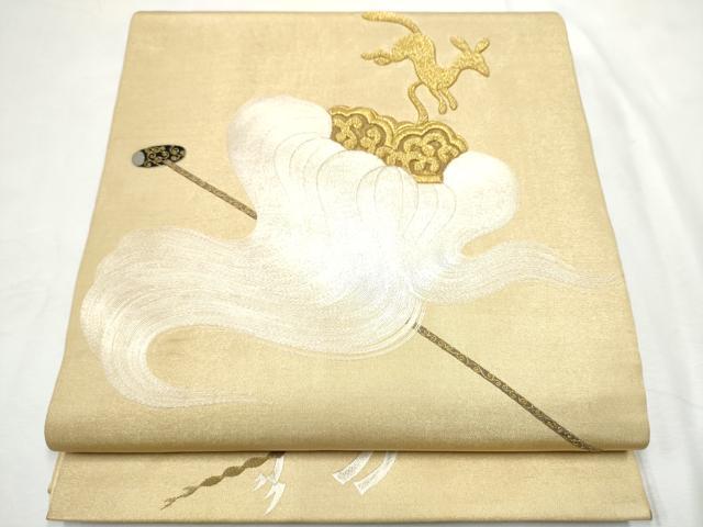 平和屋着物●太鼓柄袋帯 総刺繍 動物器物文 金糸 正絹 逸品 CABF8739hy
