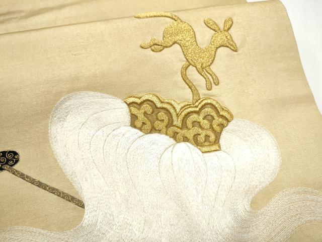 平和屋着物●太鼓柄袋帯 総刺繍 動物器物文 金糸 正絹 逸品 CABF8739hy