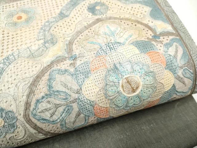 平和屋着物●中国三大刺繍 スワトウ相良刺繍 太鼓柄袋帯 紬地 色紙重ね花文 金彩 正絹 逸品 CABF8745hy